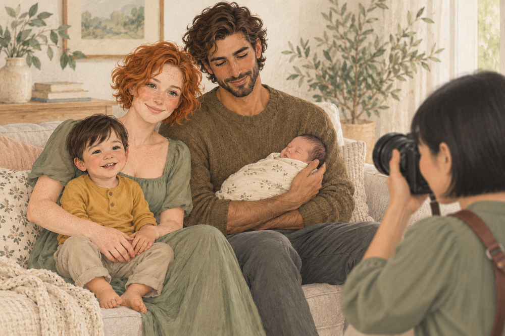 AI-generated illustration of a Chinese female photographer photographing parents, newborn and toddler for Mamamiyo Photography Singapore; not Noah’s family