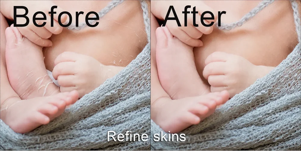 Before-and-after close-up of newborn hands and feet showing flaky-skin refinement by Mamamiyo Photography in Singapore