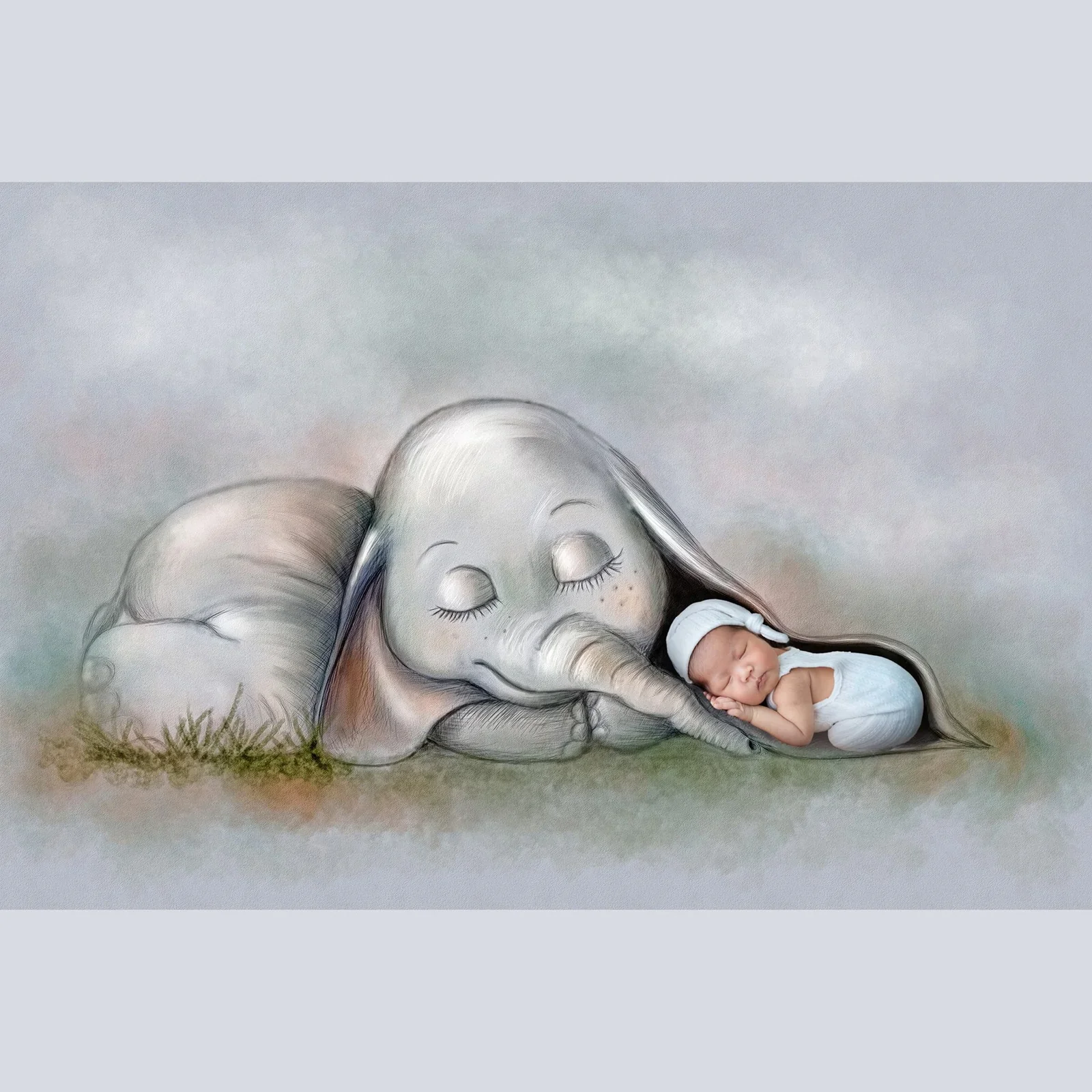 Newborn resting beside a digitally added elephant on a soft grey background