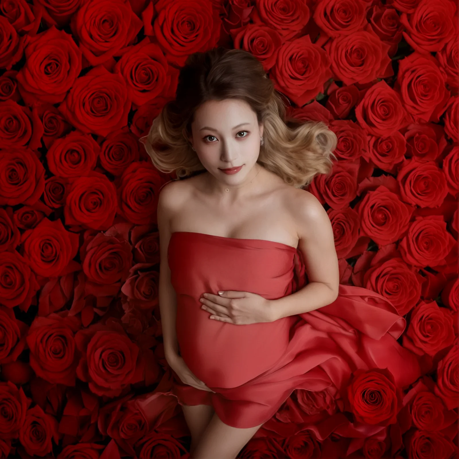 Expectant mother in a red gown surrounded by digitally composed red roses