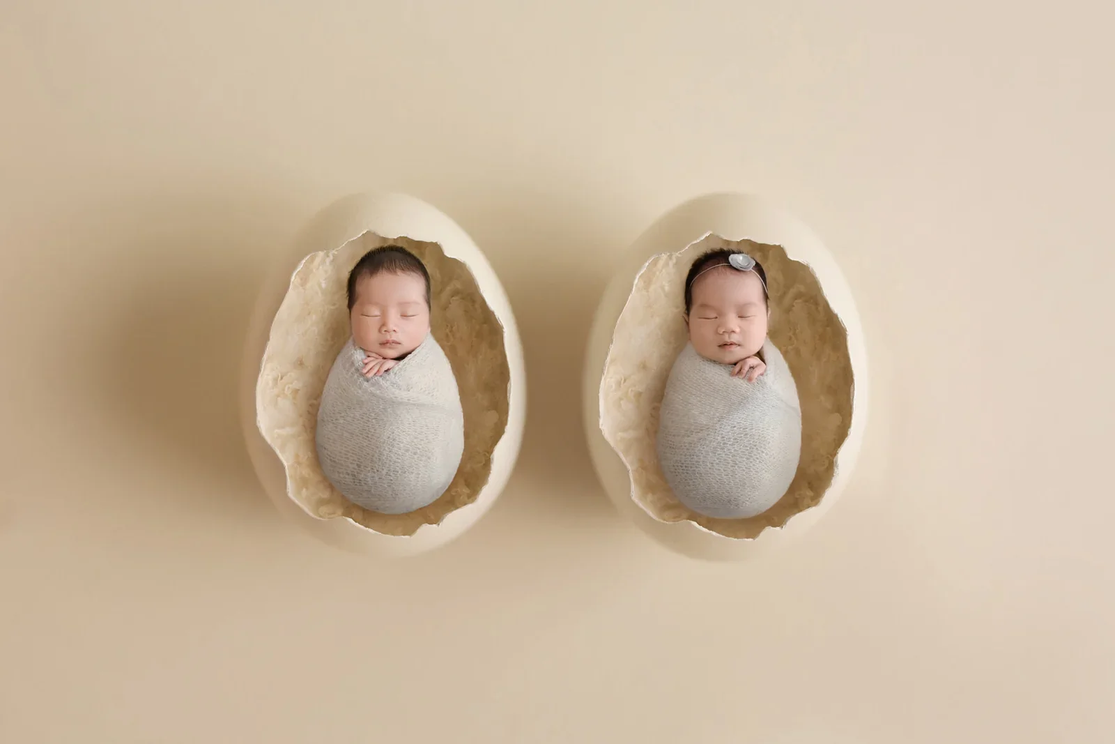 Twin newborns wrapped in white in matching oval nests