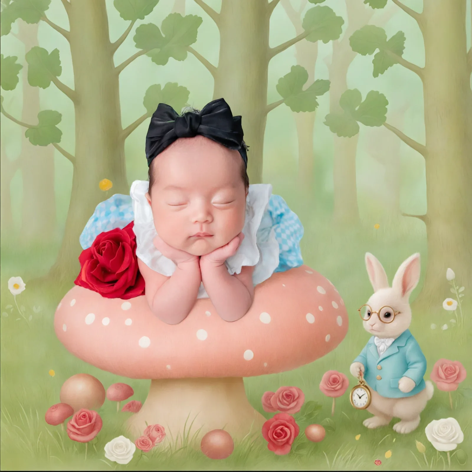 Newborn with woodland animals and flowers in a digitally composed forest scene