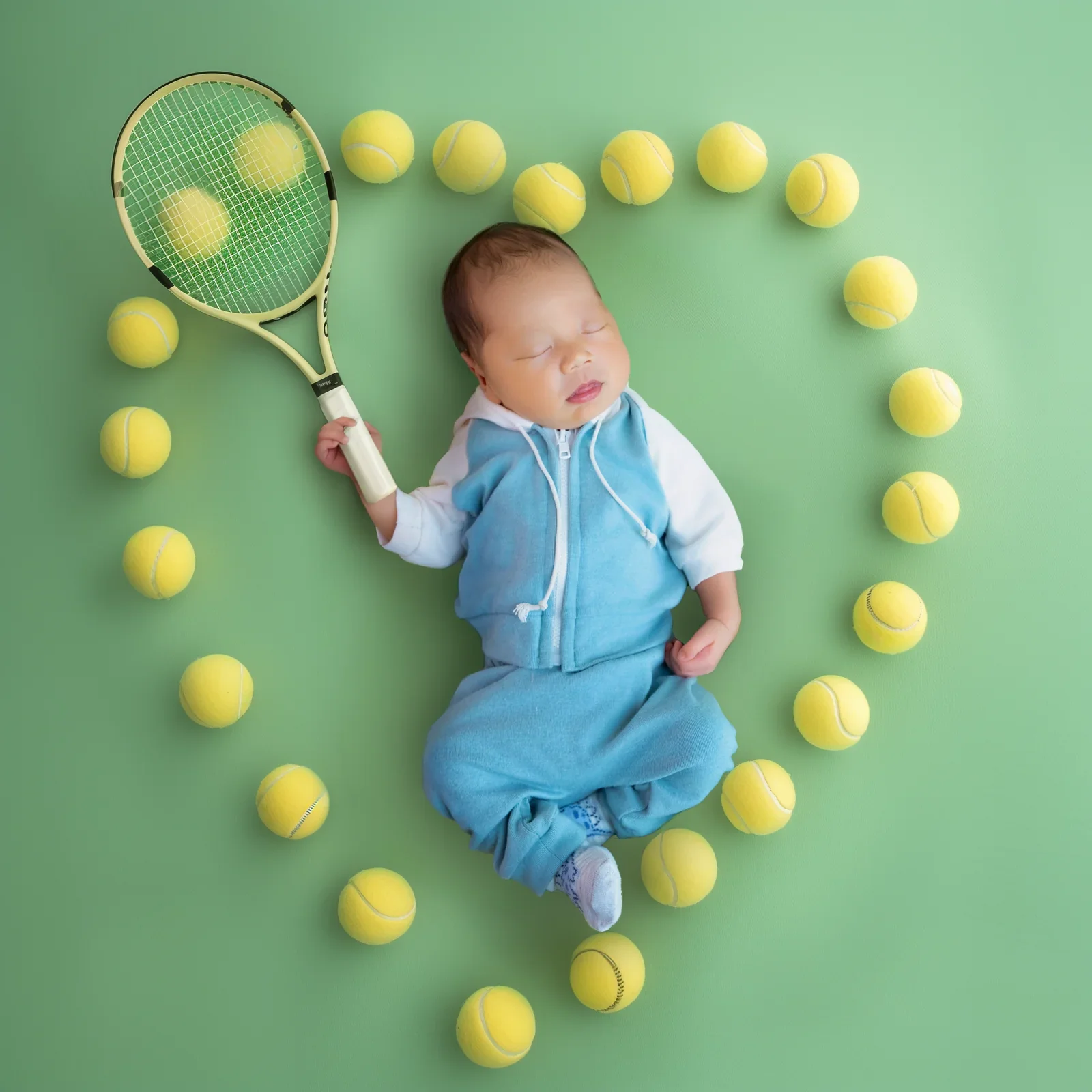 Baby in a blue outfit framed by yellow balls in a playful digital composition