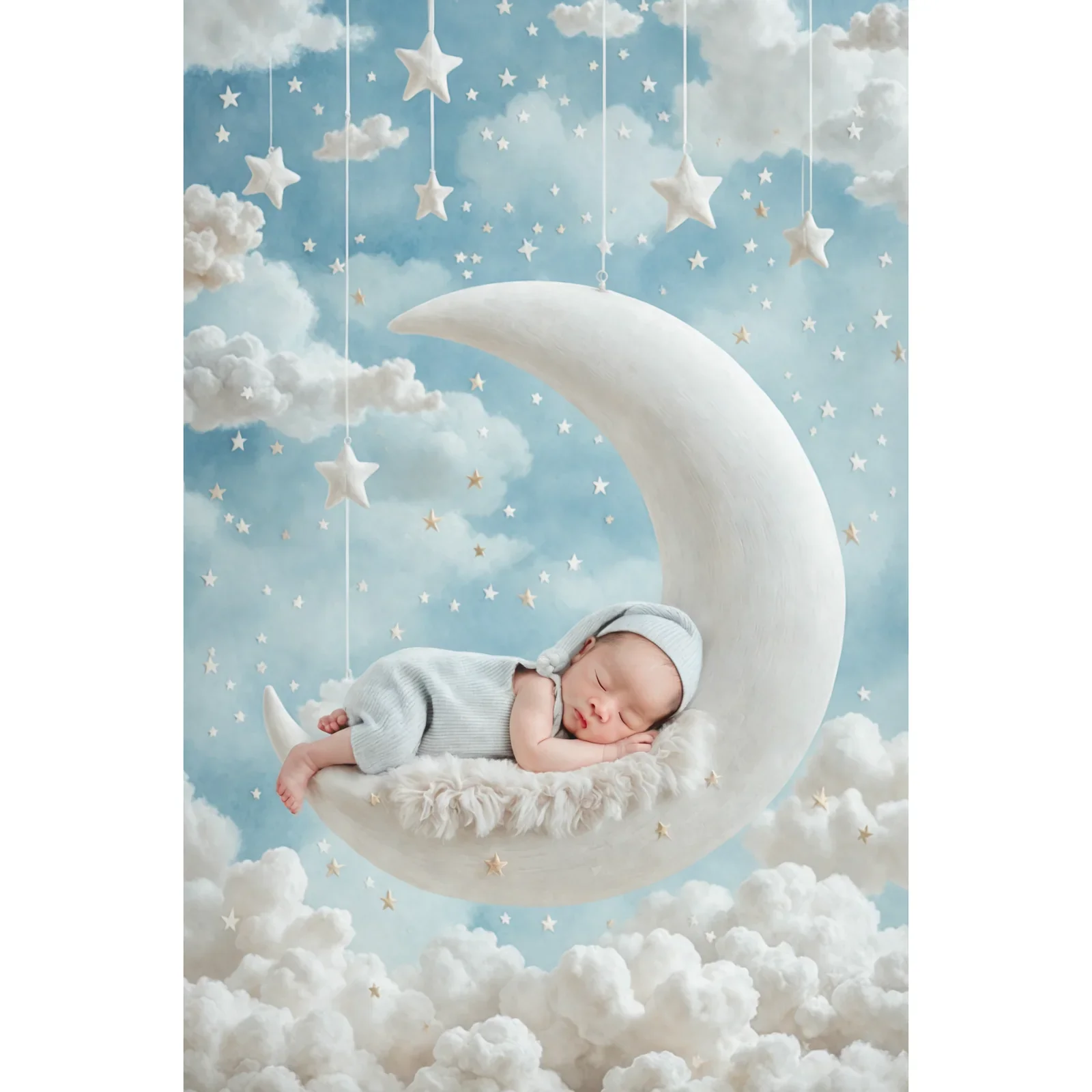 Sleeping newborn on a moon above clouds in a digitally composed night sky