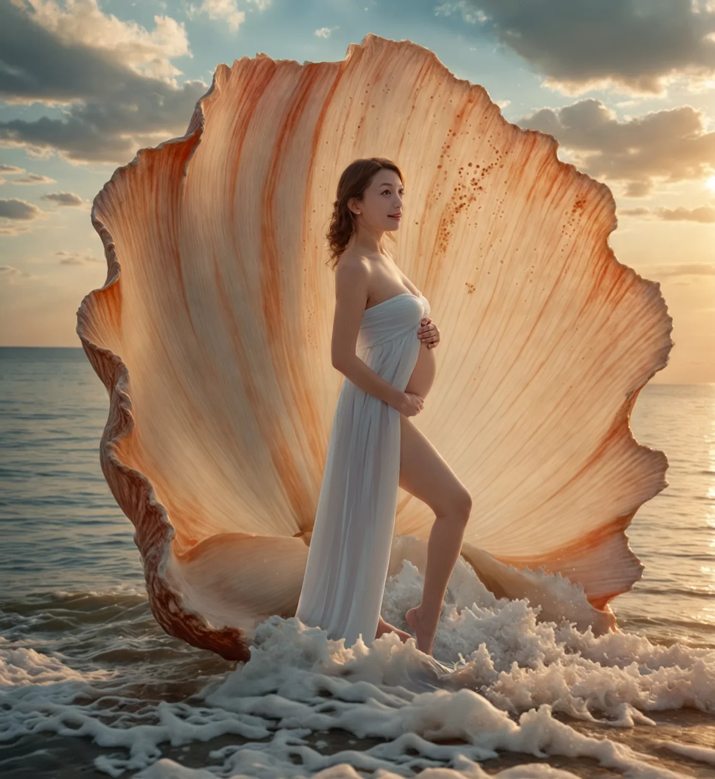 Expectant mother standing inside a giant seashell in a digital beach scene