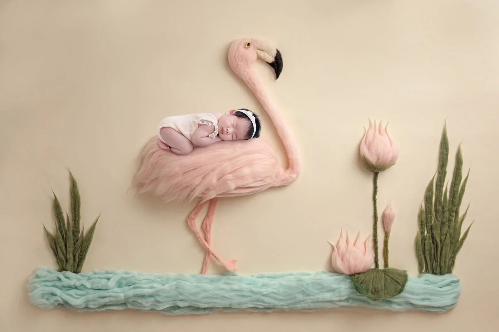 Sleeping newborn in a flamingo-shaped nest beside water in a digital composition