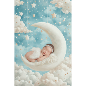 Digital newborn portrait of a sleeping baby on a crescent moon among clouds