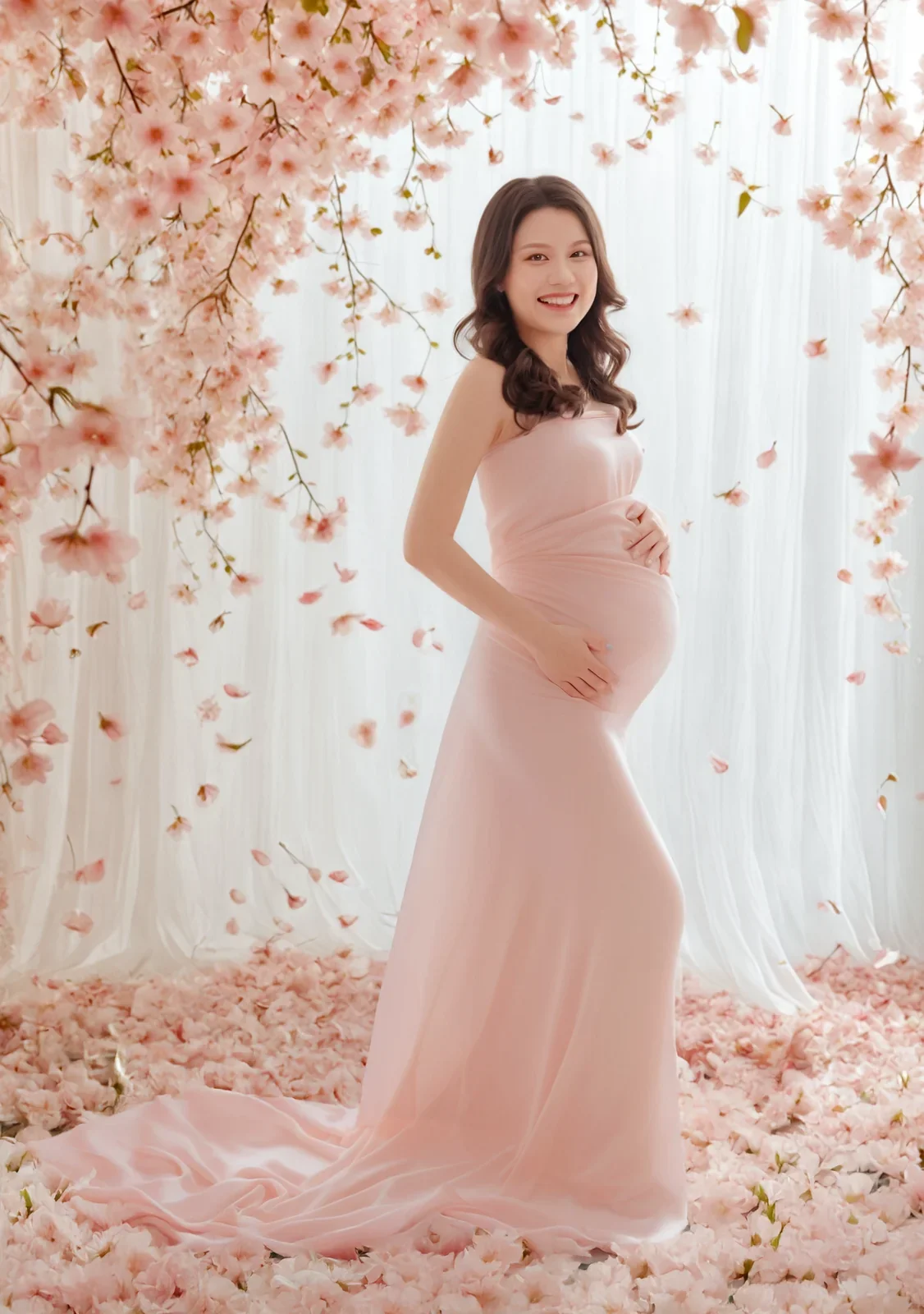 Expectant mother in a pink gown beneath a digitally composed blossom canopy