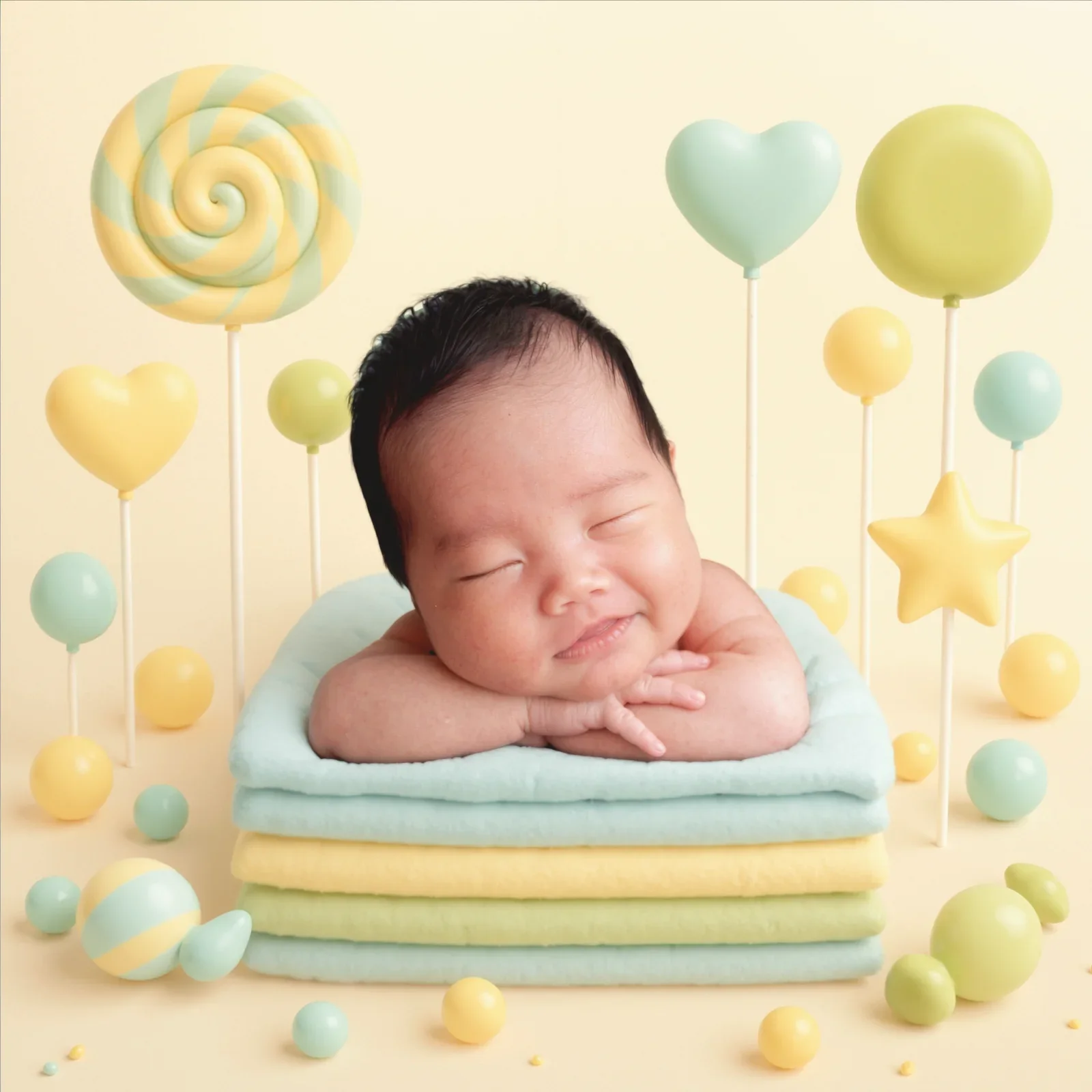 Sleeping newborn on a mint cake with pastel lollipops in a digital composition