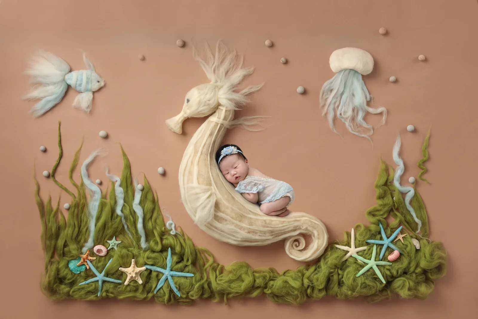 Sleeping newborn in a seahorse-shaped cradle surrounded by jellyfish and sea plants in a digital composition