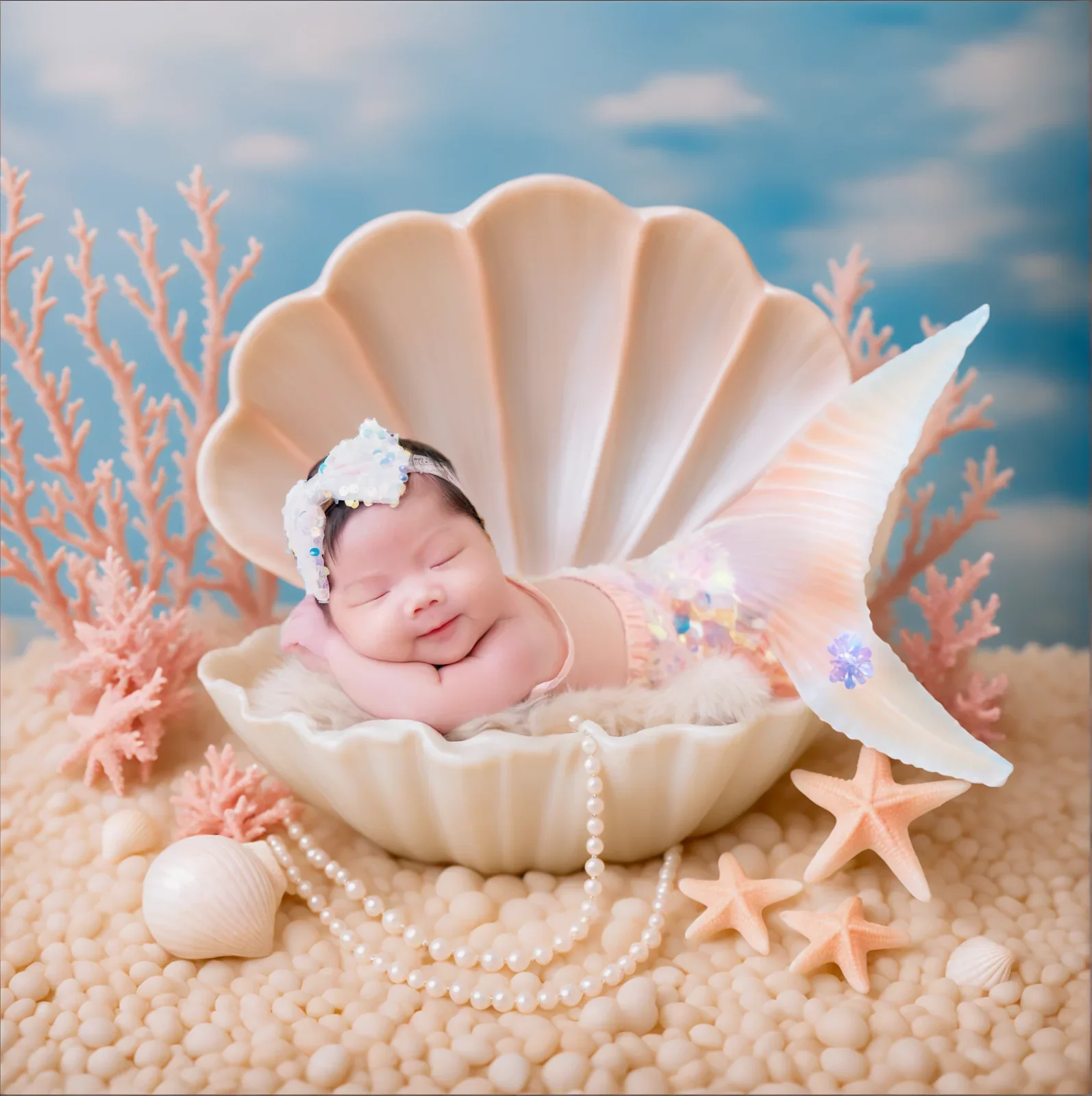Sleeping newborn in a seashell surrounded by coral in a digital composition