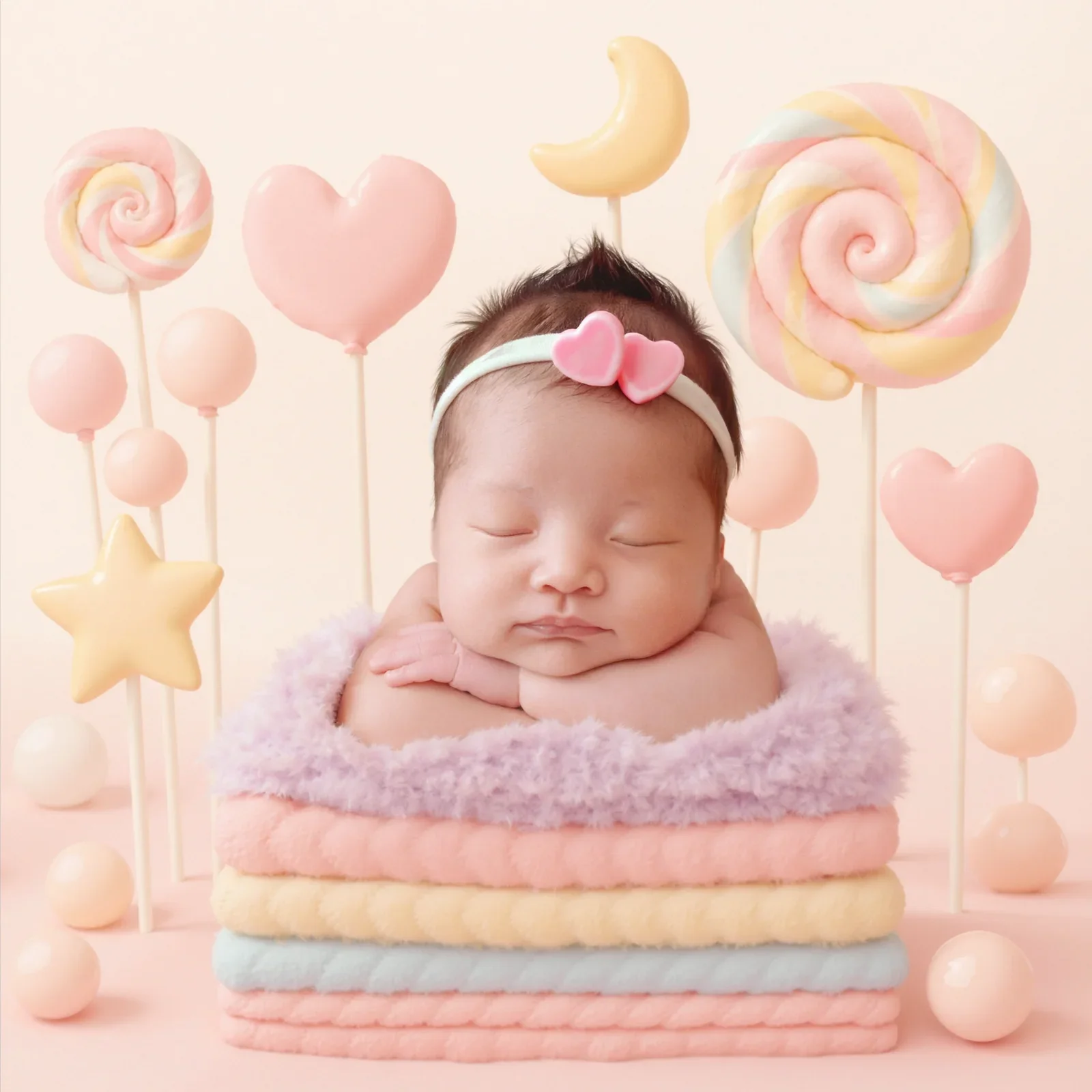 Sleeping newborn resting on a pastel layered cake among lollipops, hearts and stars in a digital composition