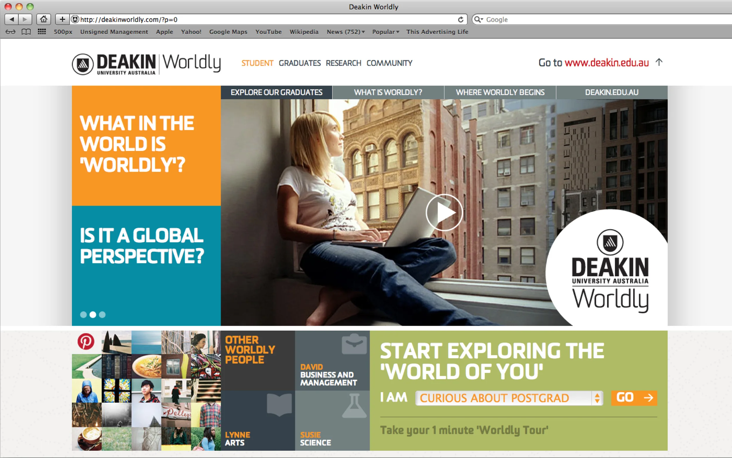 'Worldly' microsite whereby users were brought one step closer to a Deakin degree in an interactive way.