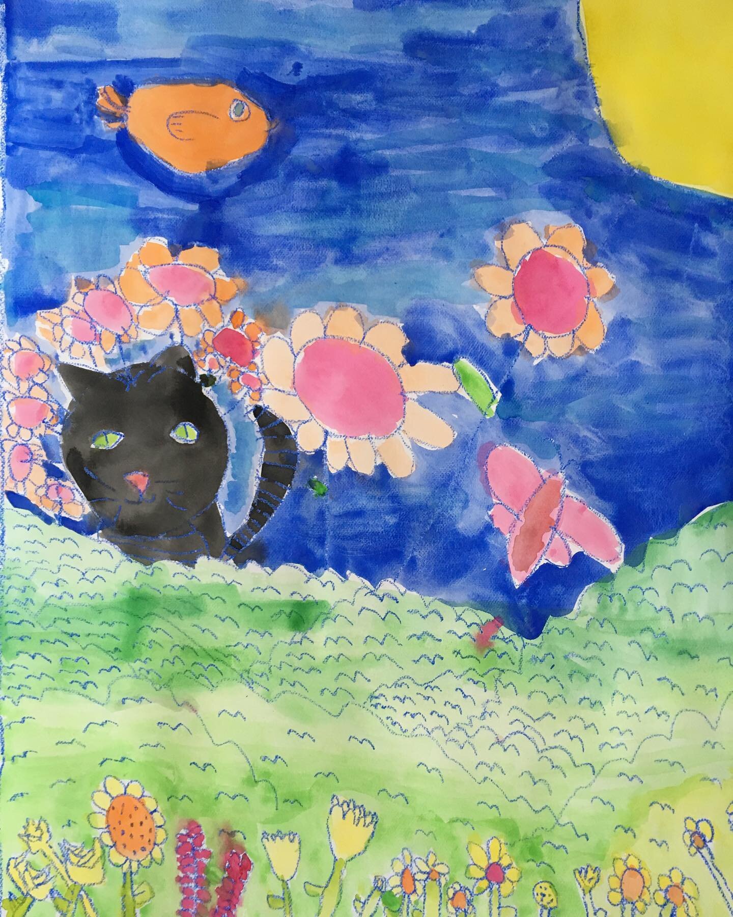 We are painting all things Spring in our holiday program this week! Here is a cat hiding amongst the flowers, by Sidra, 6 yrs