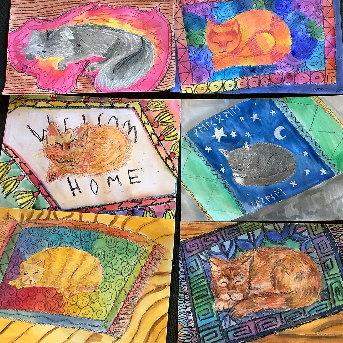 Textural oil pastel, &lsquo;Cozy Cats&rsquo; painted by our advanced class today.
.
.
.
.
#cats #texture #pattern #rugs #winter #kidsart #watercolour #ruthtuckartschool #craypas #oilpastel