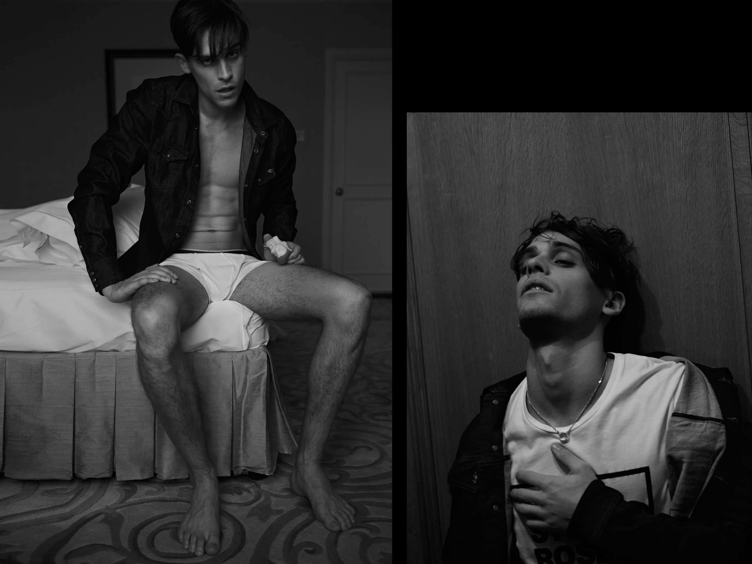Denim Shirt & Underwear: Diesel , T-Shirt: Sandro , Denim Jacket: Topman , Necklace: Maison Martin Margiela @ oki-ni.com 