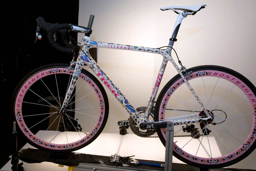 The Butterfly Trek Madone became the world's most expensive bicycle when it was bought at auction for $500,000.It was designed by Damien Hirst and utilized real butterfly wings that were placed onto the actual frame and rims of the bicycle.The bike was ridden by Lance Armstrong in the 2009 Tour de France.