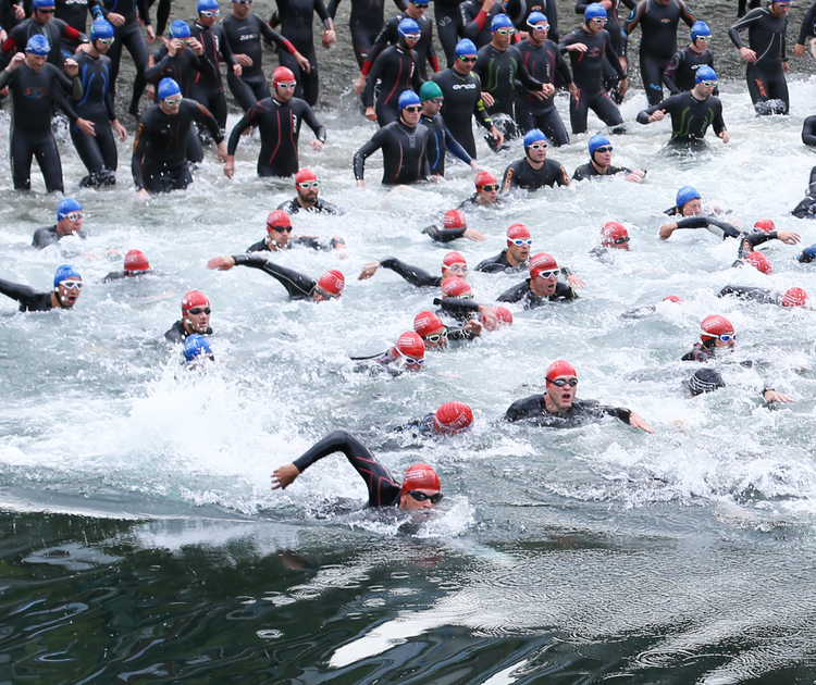 swimming in front, head up, racing towards the exit of the bay. Clearly everyone else in the middle is struggling in the 'washing machine'