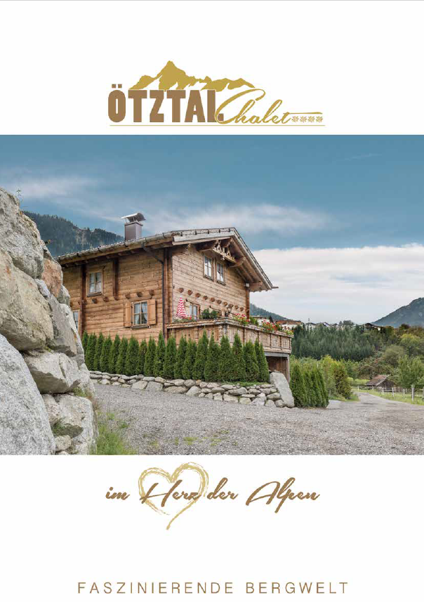 Titelseite des Ötztal Chalet Hausprospekts mit Impressionen aus dem Chalet.