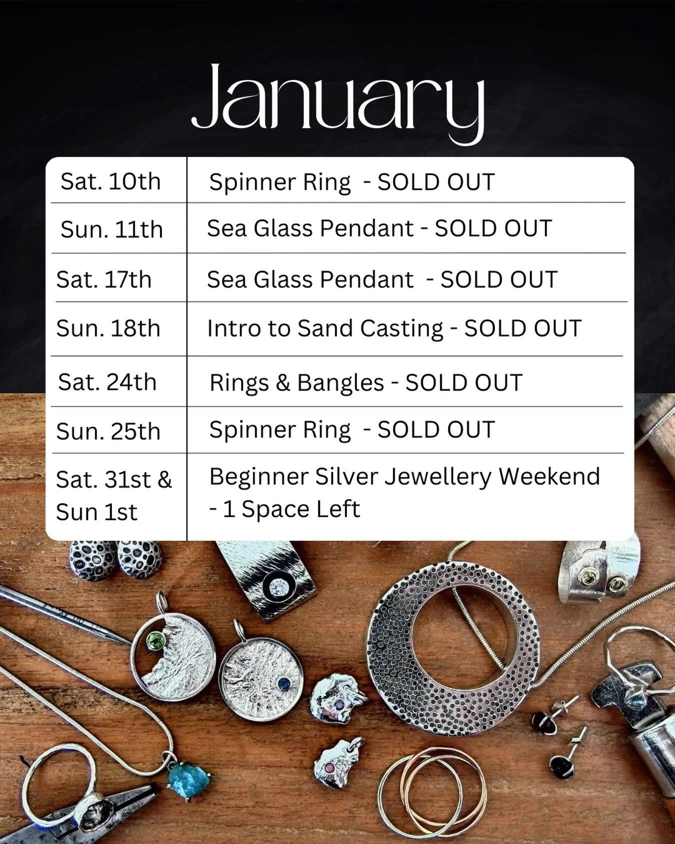 ✨January Workshop Schedule ✨

New year, new creations! We&rsquo;re kicking off the year with sold out workshops. Wait&hellip; there&rsquo;s still 1 space left for a lucky beginner looking to refine their skills in our Beginner Silver Jewellery Weeken