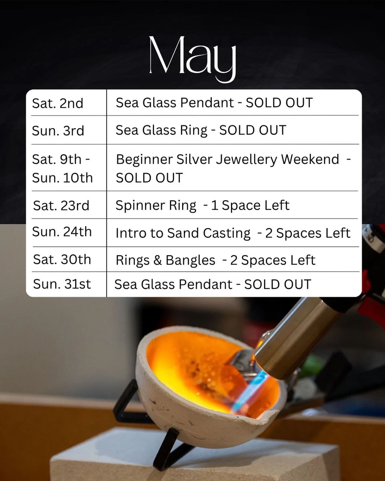 A few May workshops spaces have opened up ✨

If you checked before, it&rsquo;s definitely worth another look! 

Come make something beautiful (and take a little time for yourself)

Link in bio 

#learntomakejewellery #silverjewelleryclasses #chislehu