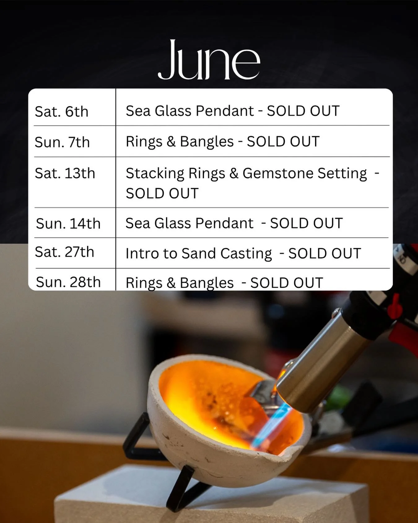 How is it already June and we&rsquo;re fully booked up for the month ahead! 

A few of our classes in July still have availability though if you&rsquo;re looking for an incredible Intro to Sand Casting experience or a beautiful summer Spinner Ring ✨
