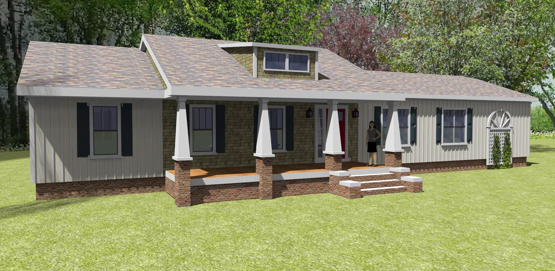  rendering of approved concept, with a change to a gabled dormer above porch. 