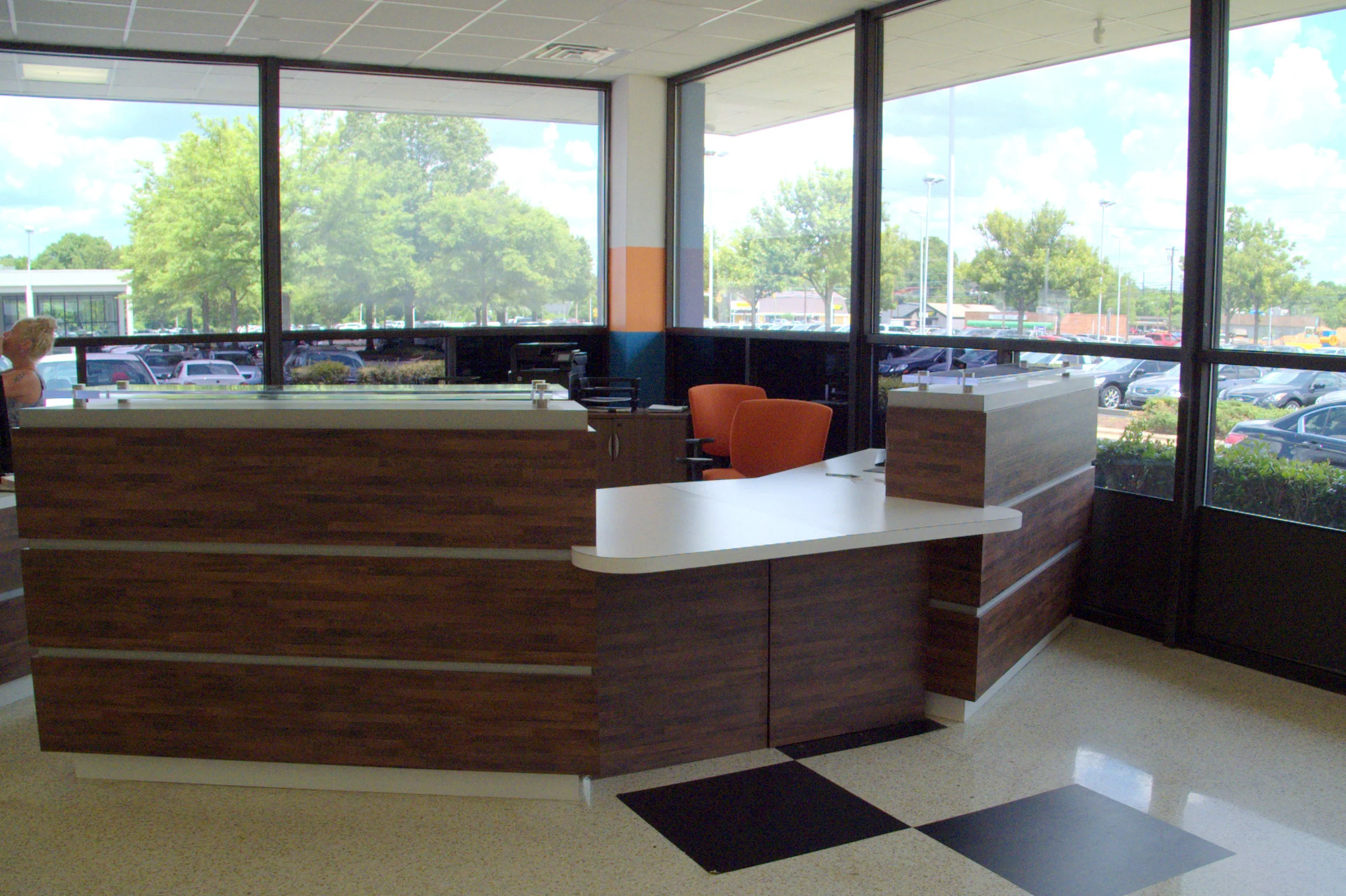  Modular laminate and acrylic reception desk designed for Hanna Imports. The modular units are mirrored in design and can be grouped in various configurations to give them ultimate re-purposing capabilities, placement, and uses. 