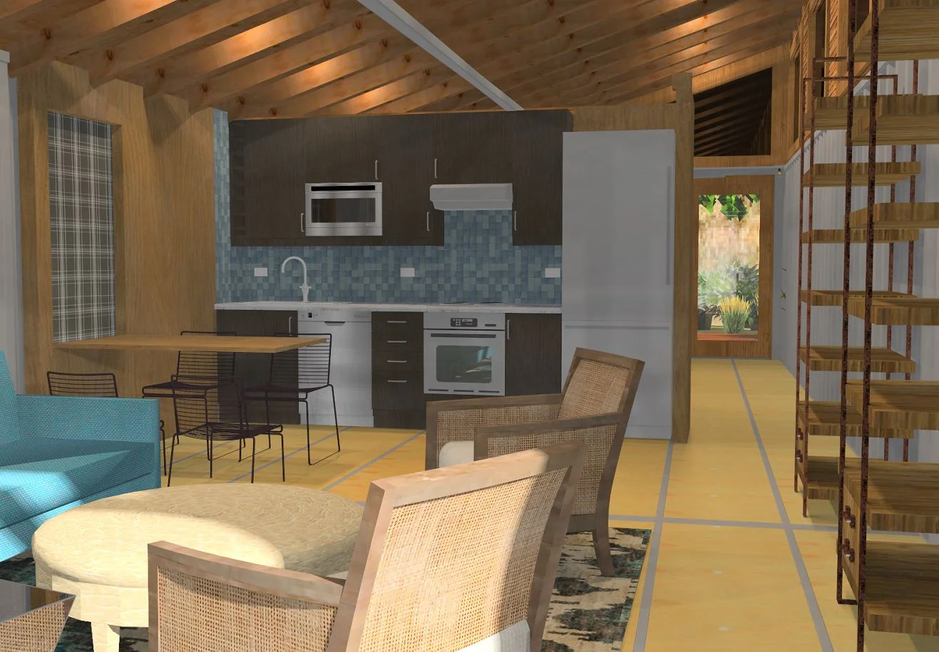  renders and plans of a one bedroom cottage I have created using shipping containers to create a stylish, modestly-sized,&nbsp;eco-friendly home.&nbsp; (shipping container houses are still not approved in all areas as legal dwellings, so please check