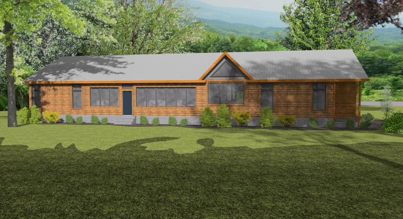  renders, plans and elevations of a house to be built in Durham, NC in 2016. the lot is long and narrow, and the clients specifically desired a one story structure with open spaces. these constraints helped create this clean design. 