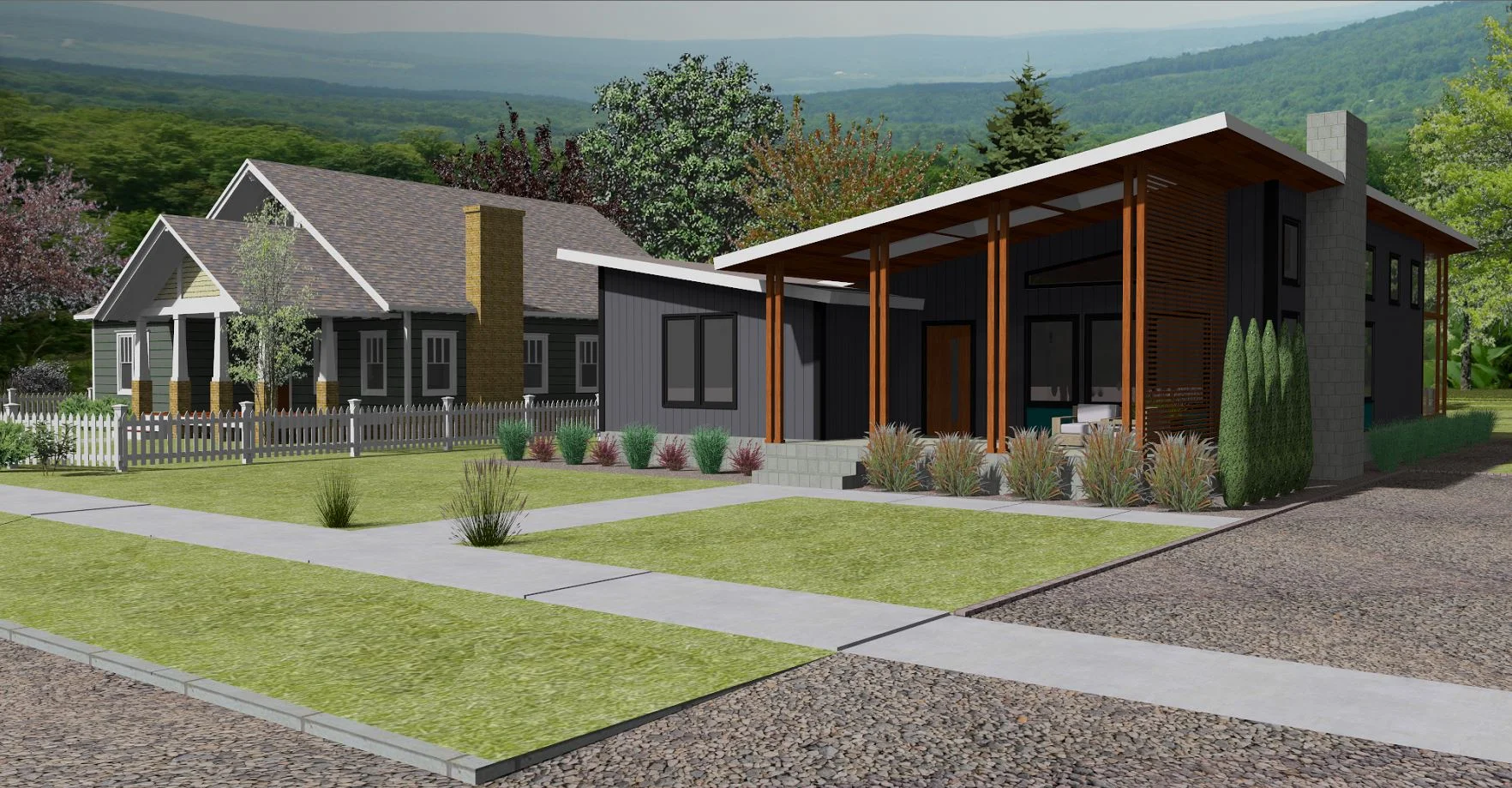  these two exteriors are created from exactly the same floor plan. Same room sizes, same window and door placement. I was challenged to take this more traditional floor plan/ exterior and give it an entirely new contemporary feel. thorpshire is an 18