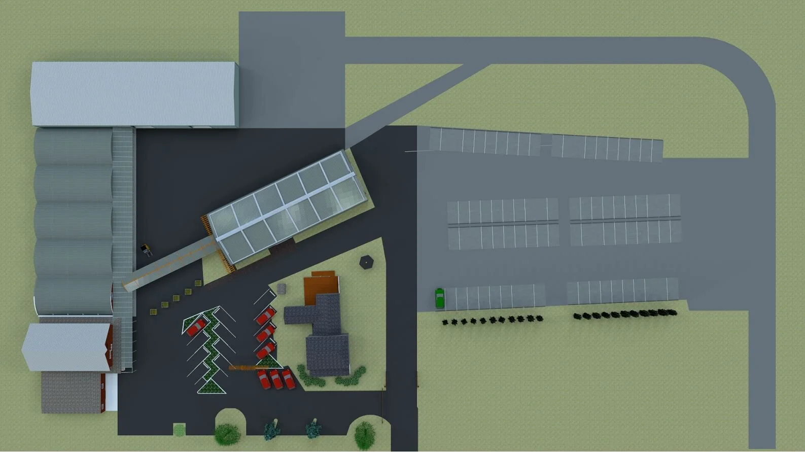  Overhead view of revised site plan showing the new covered walkway bisecting the work and customer areas of the parking lot as well as the additional proposed parking areas for customers. 