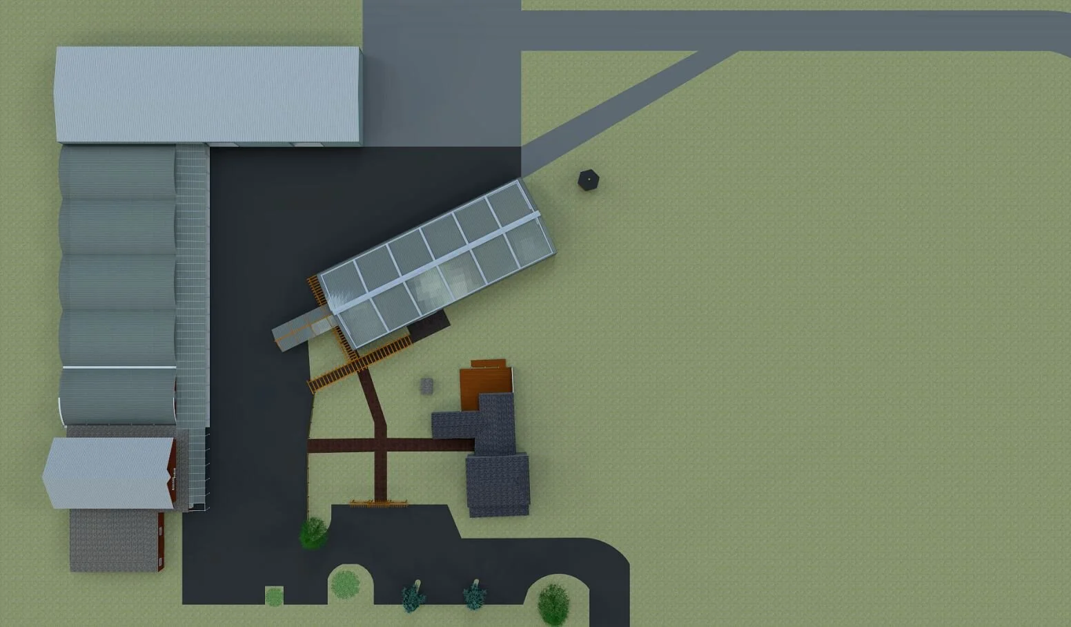  Overhead view of as built site plan. The existing layout meant there was constant overlap of pedestrian and vehicular traffic; no one could get where they wanted to un impeded. So I designed an extension of a covered walkway linking building togethe
