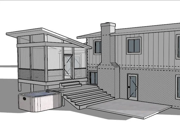  the second porch added as a part of project is the butterfly-roofed screened porch shown in this design. This design was created to be dramatic and to best integrate with the existing roofline of the home; minimizing the demolition to the existing s