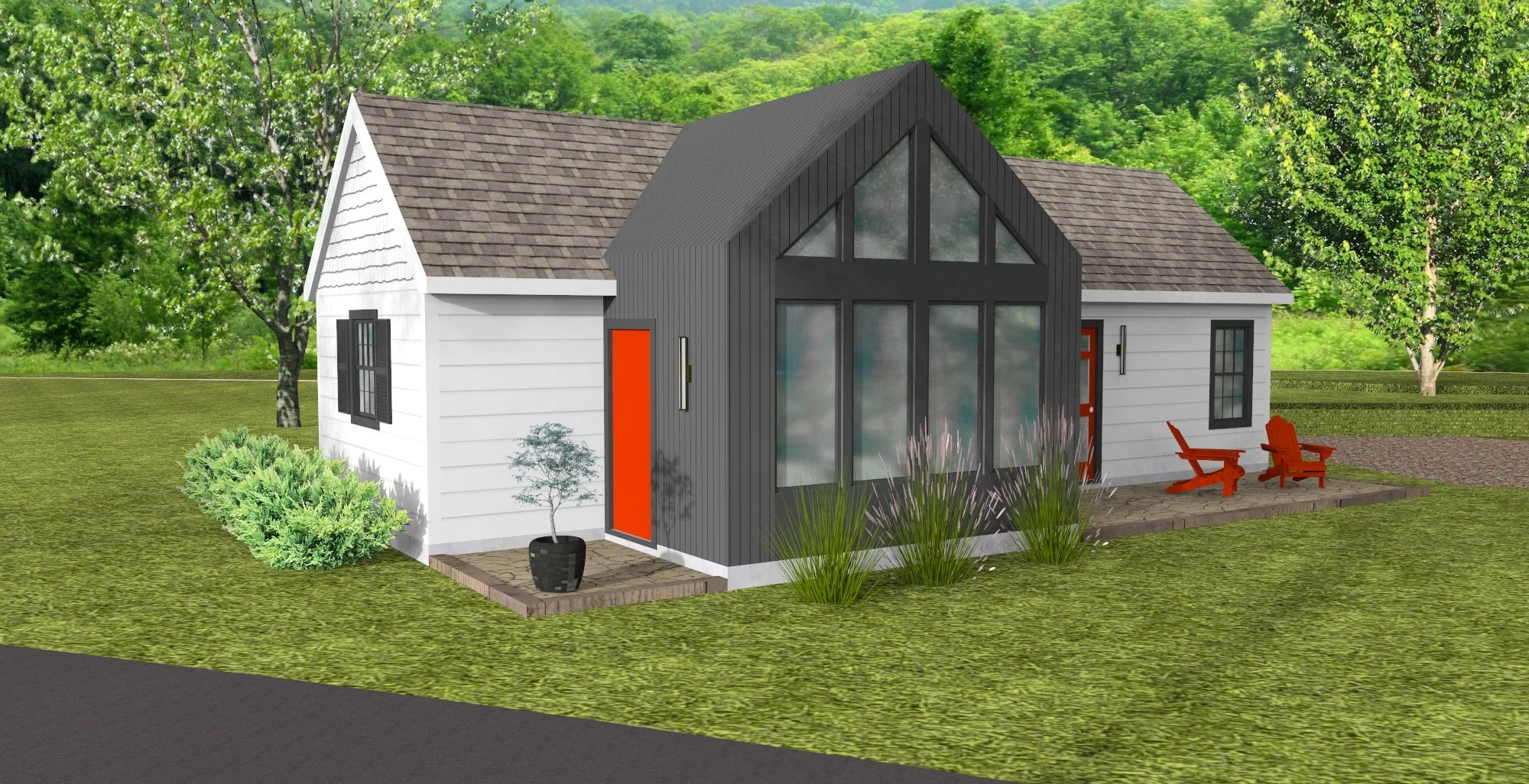  this is a recent ADU (accessory dwelling unit) design for a client in Durham. The client has a Cape style house, and wanted something that reflected the traditional architecture of the house and added a modern component at the same time. So I design