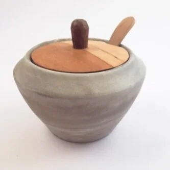 Ceramic Condiment Bowl with Teak Lid &amp; Spoon