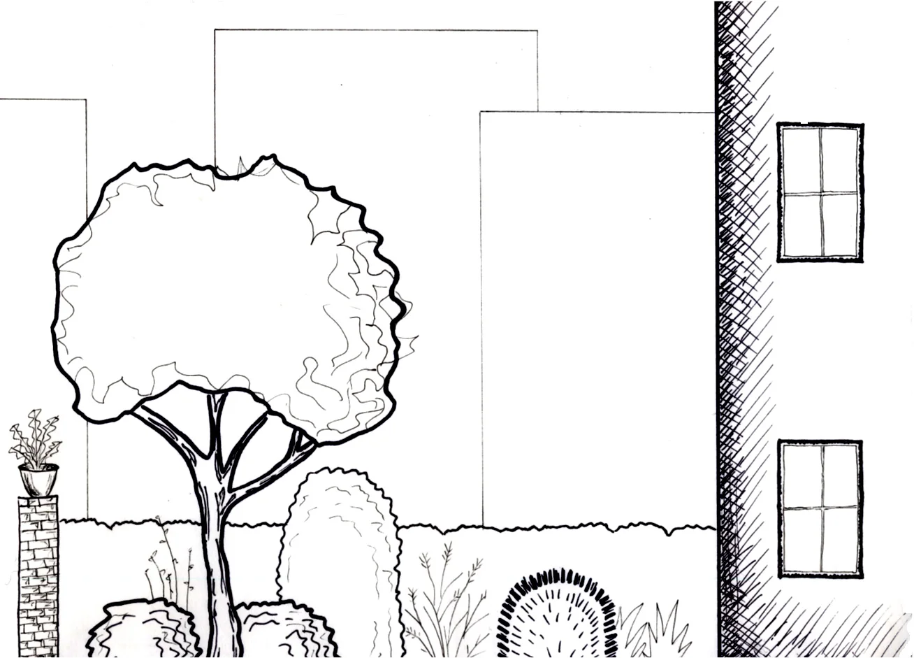 Landscape drawing of an interior courtyard. 