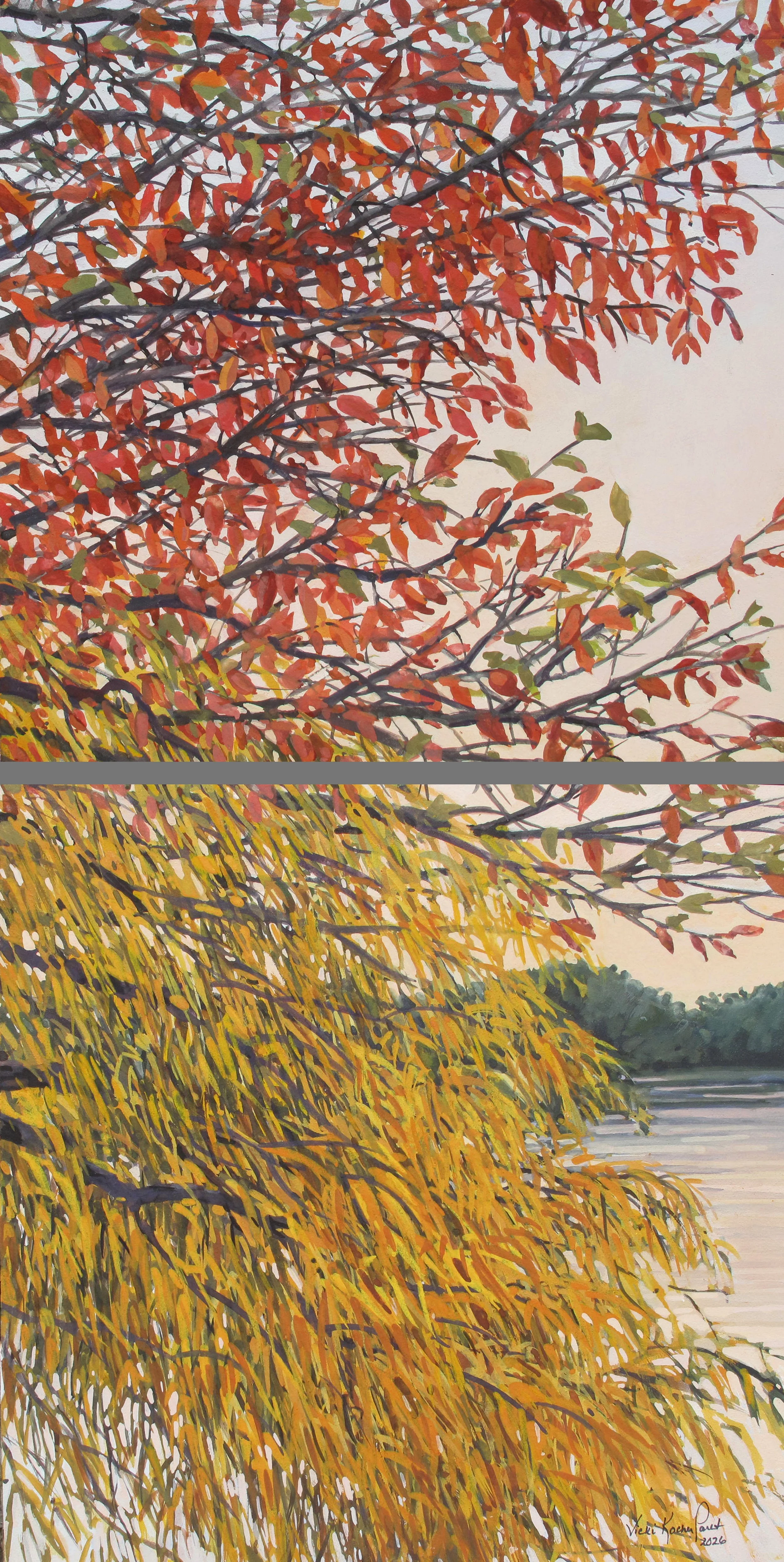 Paret_VickiKocher_Red&YellowAtSpyPond(diptych)_gouacheonpanel_24x12%22.jpeg