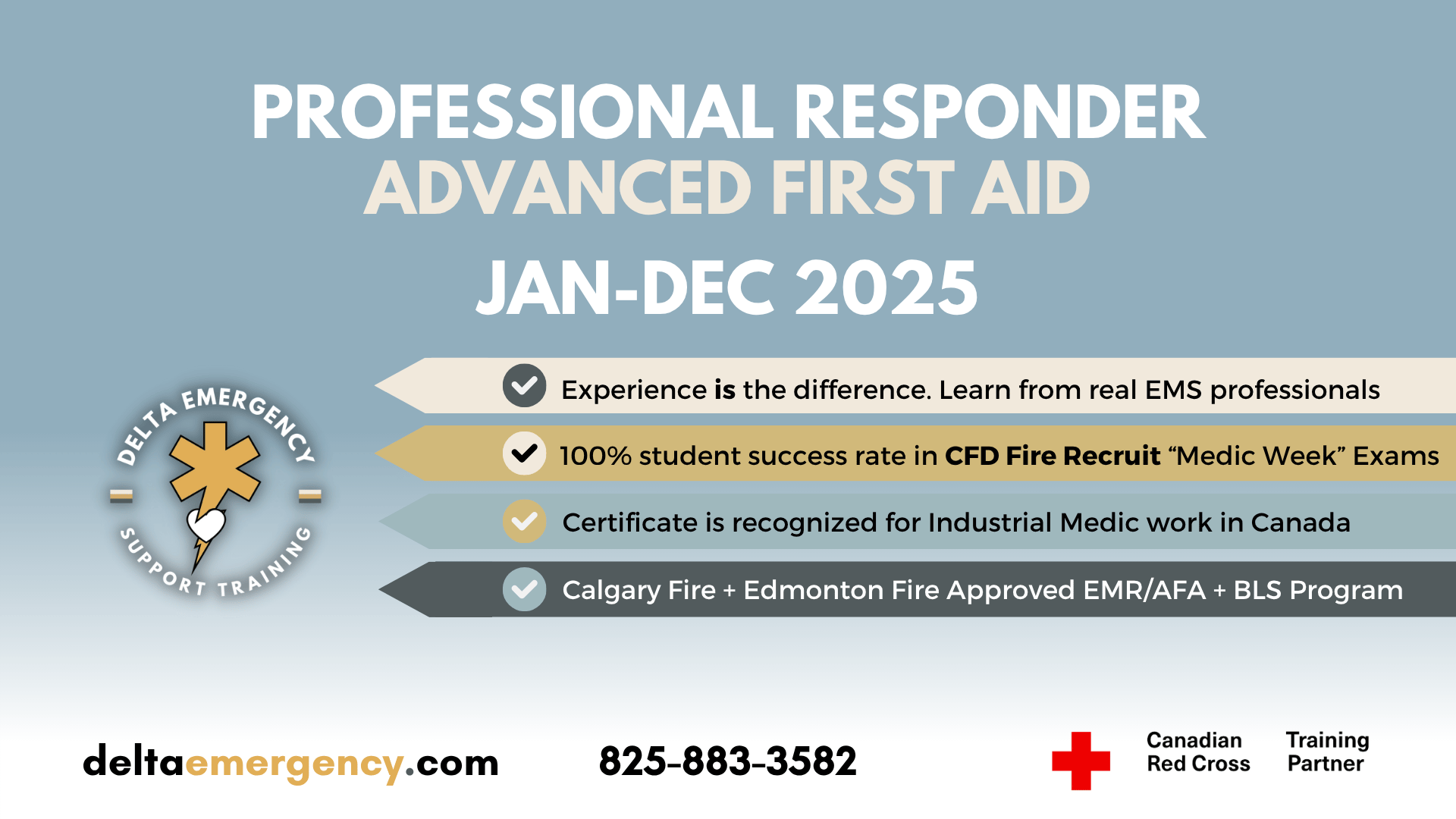 Emergency Medical Responder Advanced First Aid First Responder BLS CPR January to December 2025 Calendar Delta Emergency Support Training and the Canadian Red Cross.png