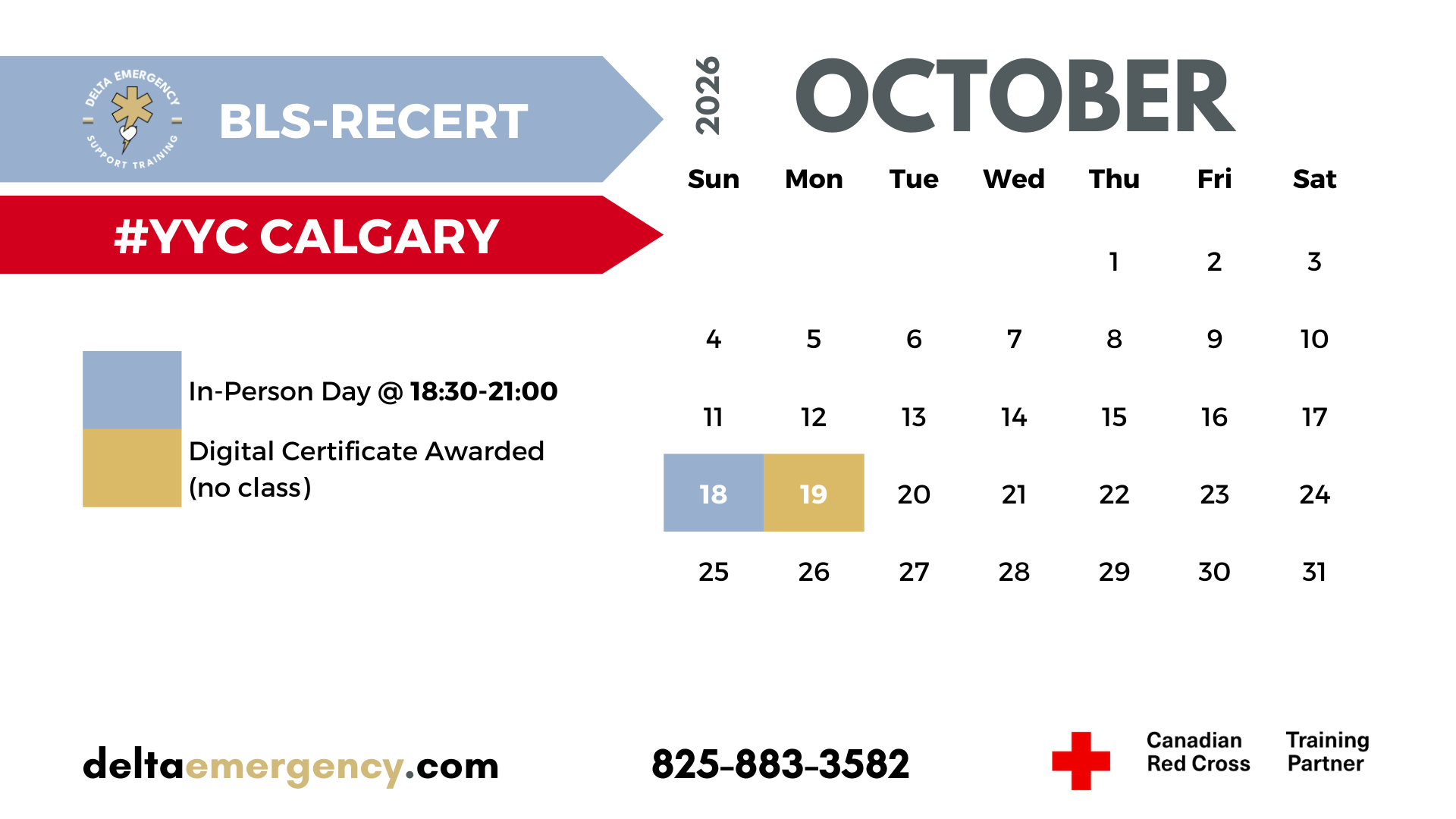 BLS-Recert Calgary October 2026 Advanced First Aid BLS CPR Calendar Delta Emergency Support Training and the Canadian Red Cross.png