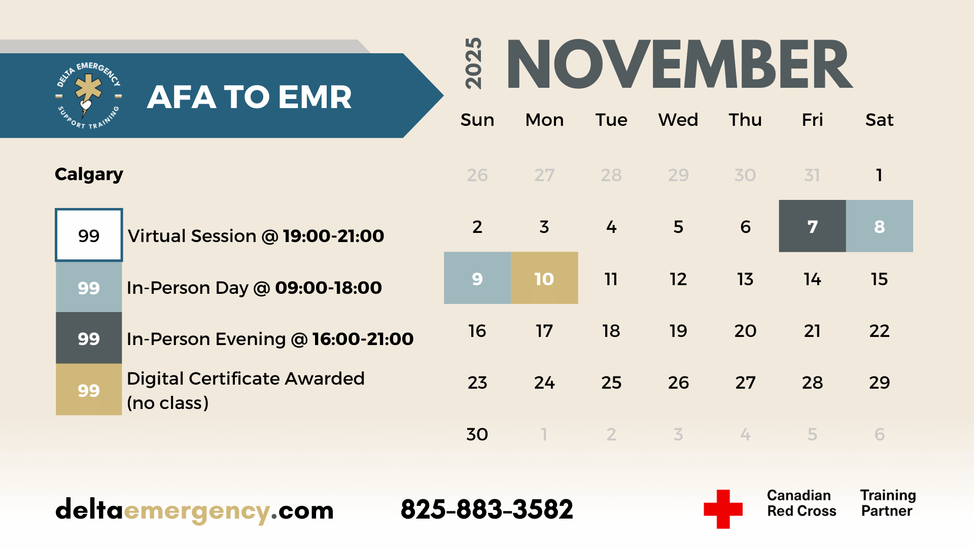 AFA to EMR November 2025 Emergency Medical Responder Advanced First Aid First Responder BLS CPR January to December 2025 Calendar Delta Emergency Support Training and the Canadian Red Cross.png