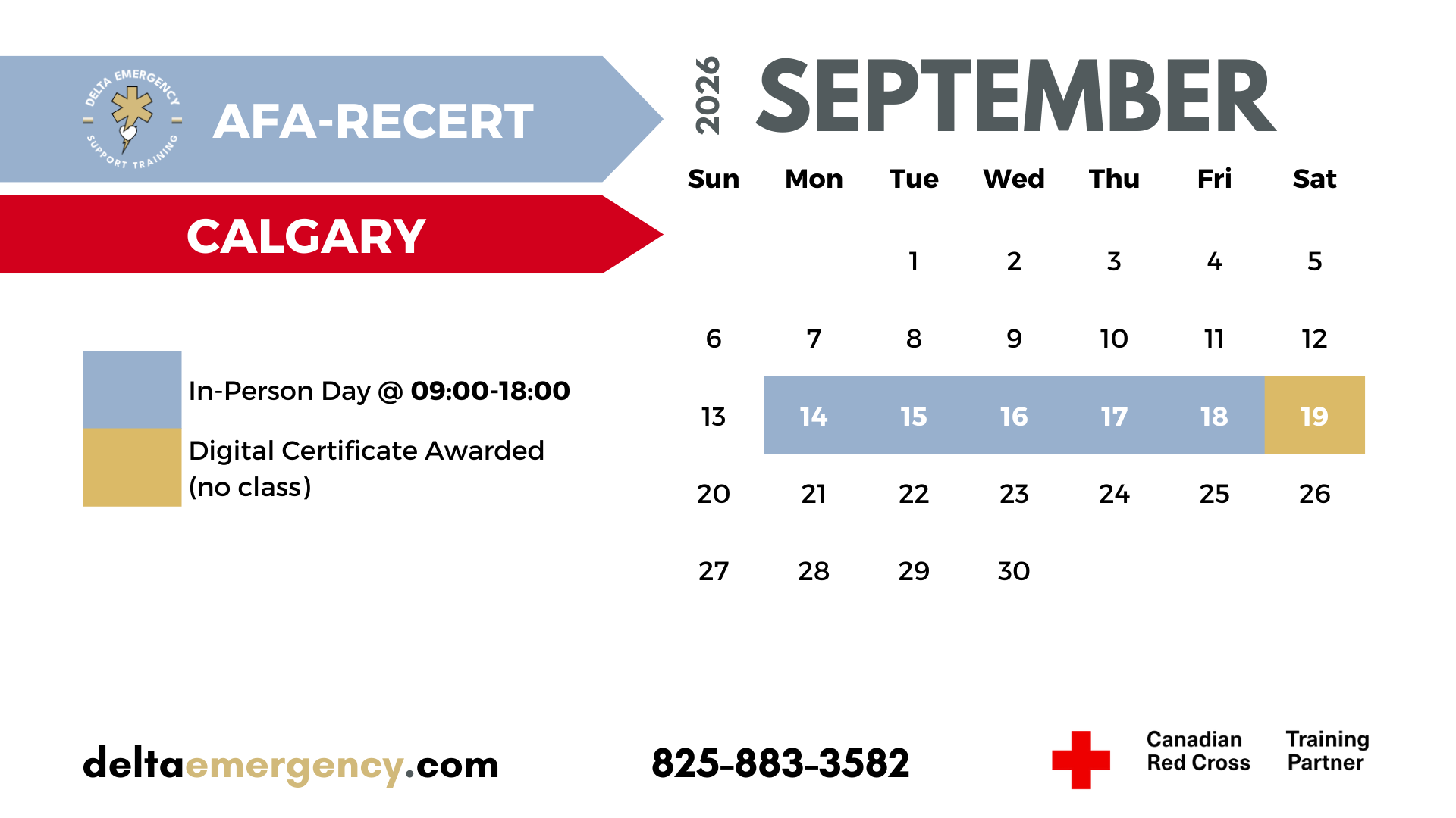 AFA-Recert Calgary and Leduc September 2026 Advanced First Aid BLS CPR Calendar Delta Emergency Support Training and the Canadian Red Cross (2).png