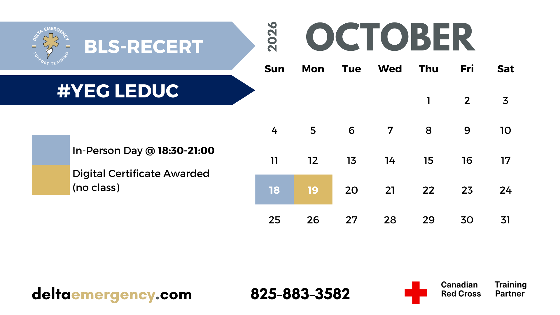 BLS-Recert Edmonton October 2026 Advanced First Aid BLS CPR Calendar Delta Emergency Support Training and the Canadian Red Cross.png