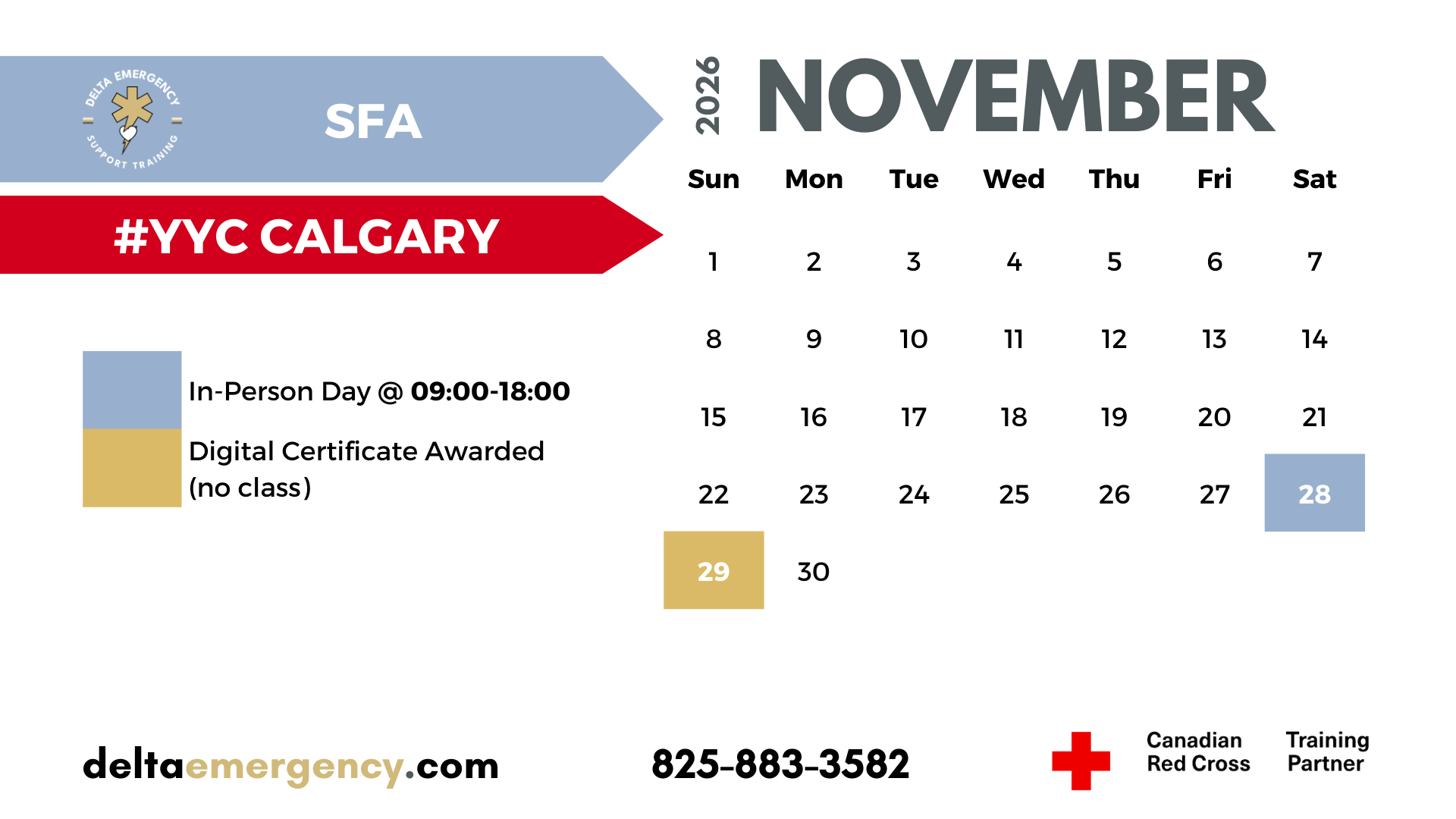 Standard First Aid Calgary November 2026 Calendar Delta Emergency Support Training and the Canadian Red Cross Intermediate First Aid.png