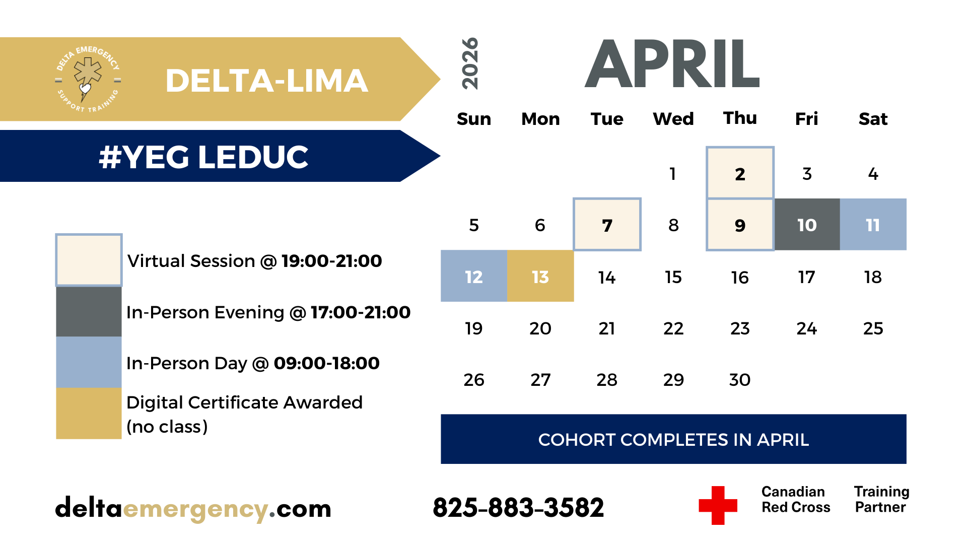 Delta-Lima Cohort Edmonton April 2026 Advanced First Aid BLS CPR Calendar Delta Emergency Support Training and the Canadian Red Cross.png
