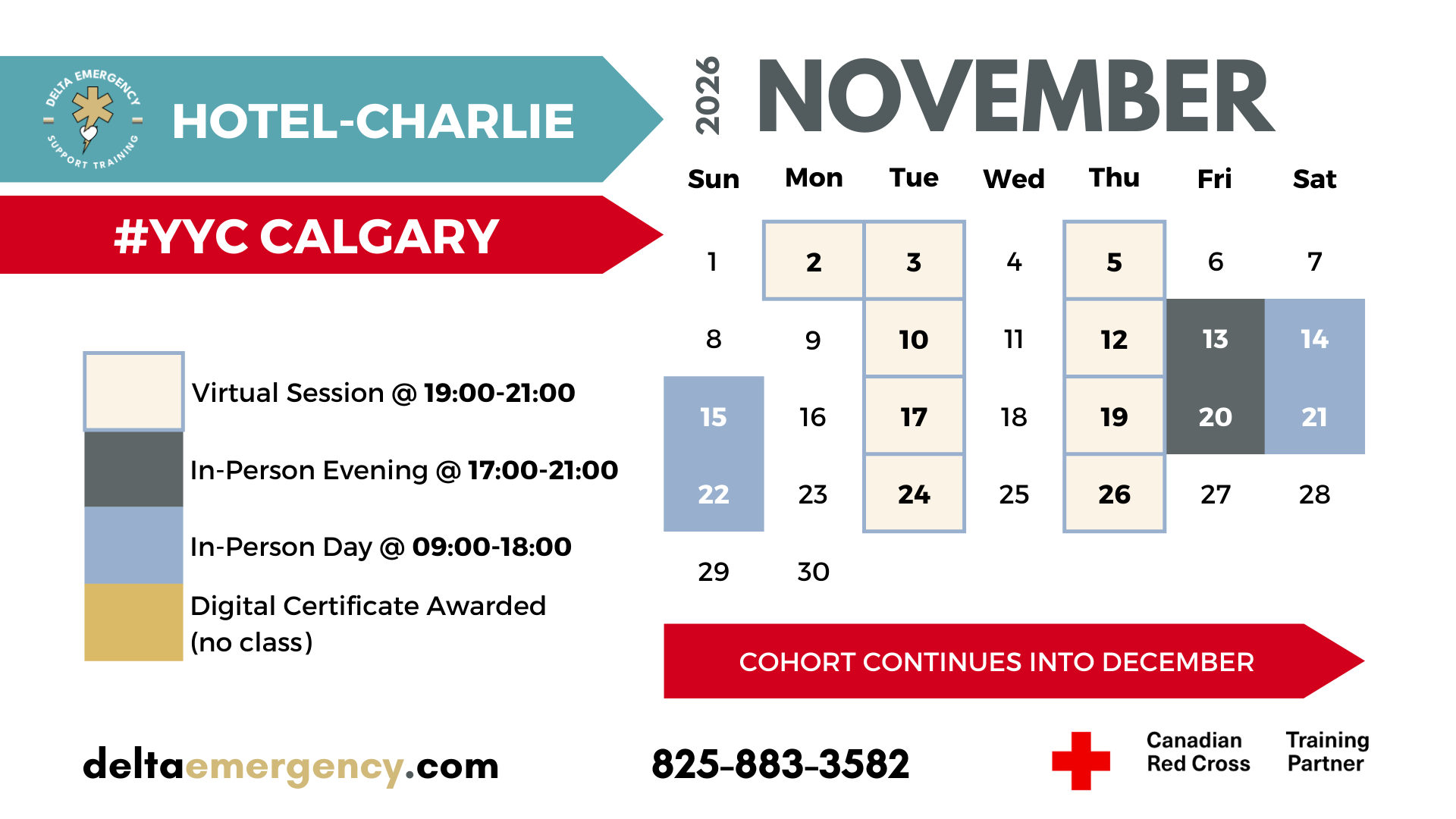 Hotel-Charlie Cohort November 2026 Advanced First Aid BLS CPR Calendar Delta Emergency Support Training and the Canadian Red Cross.png
