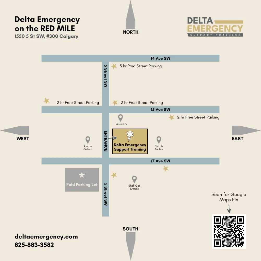 A map showing the parking details for Delta Emergency Red Mile location
