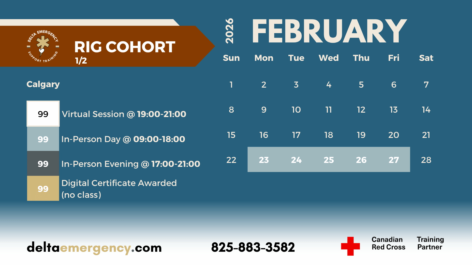 RIG 1_2 February 2026 Advanced First Aid BLS CPR Calendar Delta Emergency Support Training and the Canadian Red Cross for Camp Workers.png