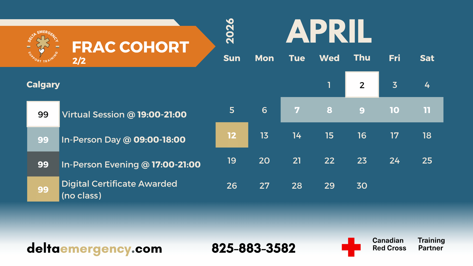 FRAC 2_2 April 2026 Advanced First Aid BLS CPR Calendar Delta Emergency Support Training and the Canadian Red Cross for Camp Workers.png