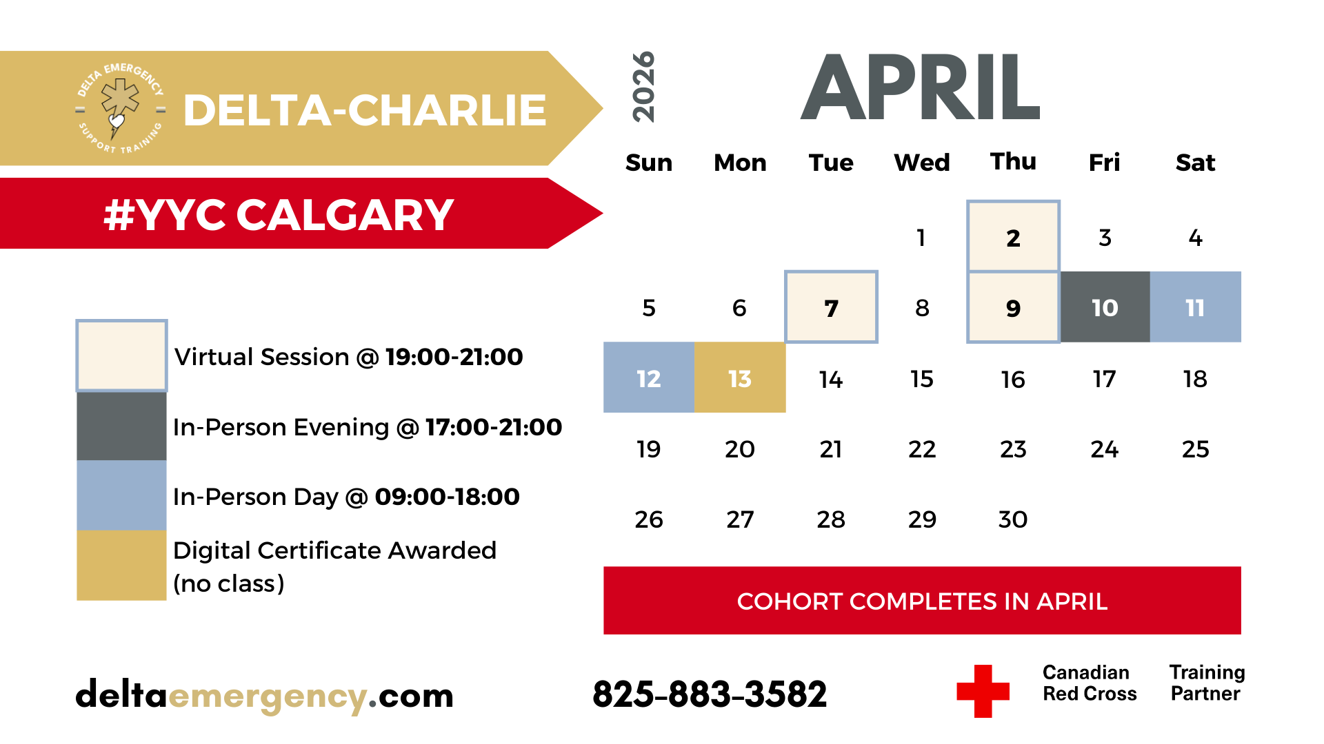 Delta-Charlie Cohort April 2026 Advanced First Aid BLS CPR Calendar Delta Emergency Support Training and the Canadian Red Cross.png